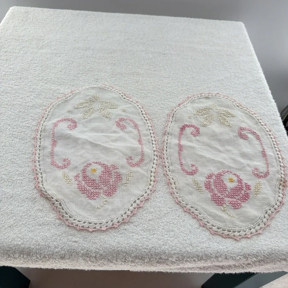 Collectible Handmade Embroidered Doily Set 2 Pink White Crochet Trim 10